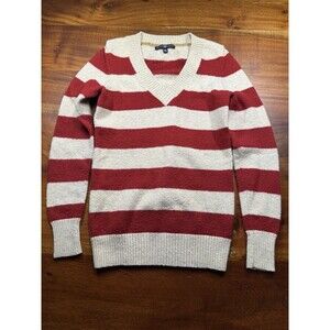 GAP Women's XS Striped V-Neck Sweater Red Cream Preppy Holiday Wool Blend